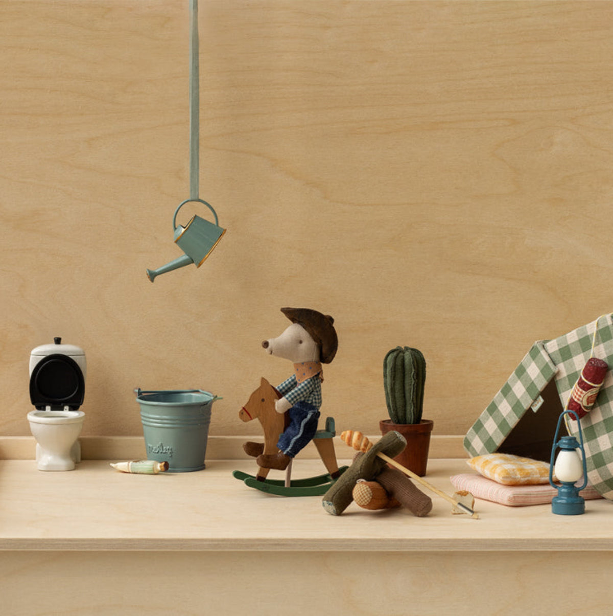 Maileg Cowboy Little Brother Mouse on Rocking Horse