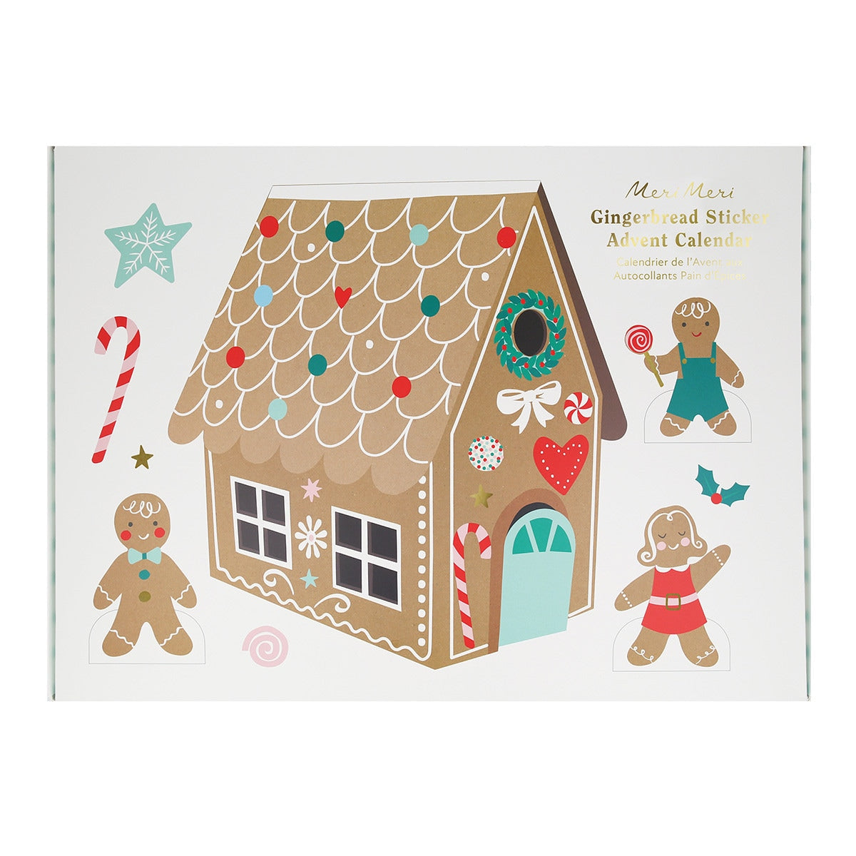 Gingerbread house and gingerbread man stickers on a white background
