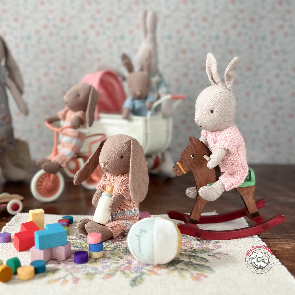Maileg Micro Rabbit/Bunny Baby Set with Ball and Bottle