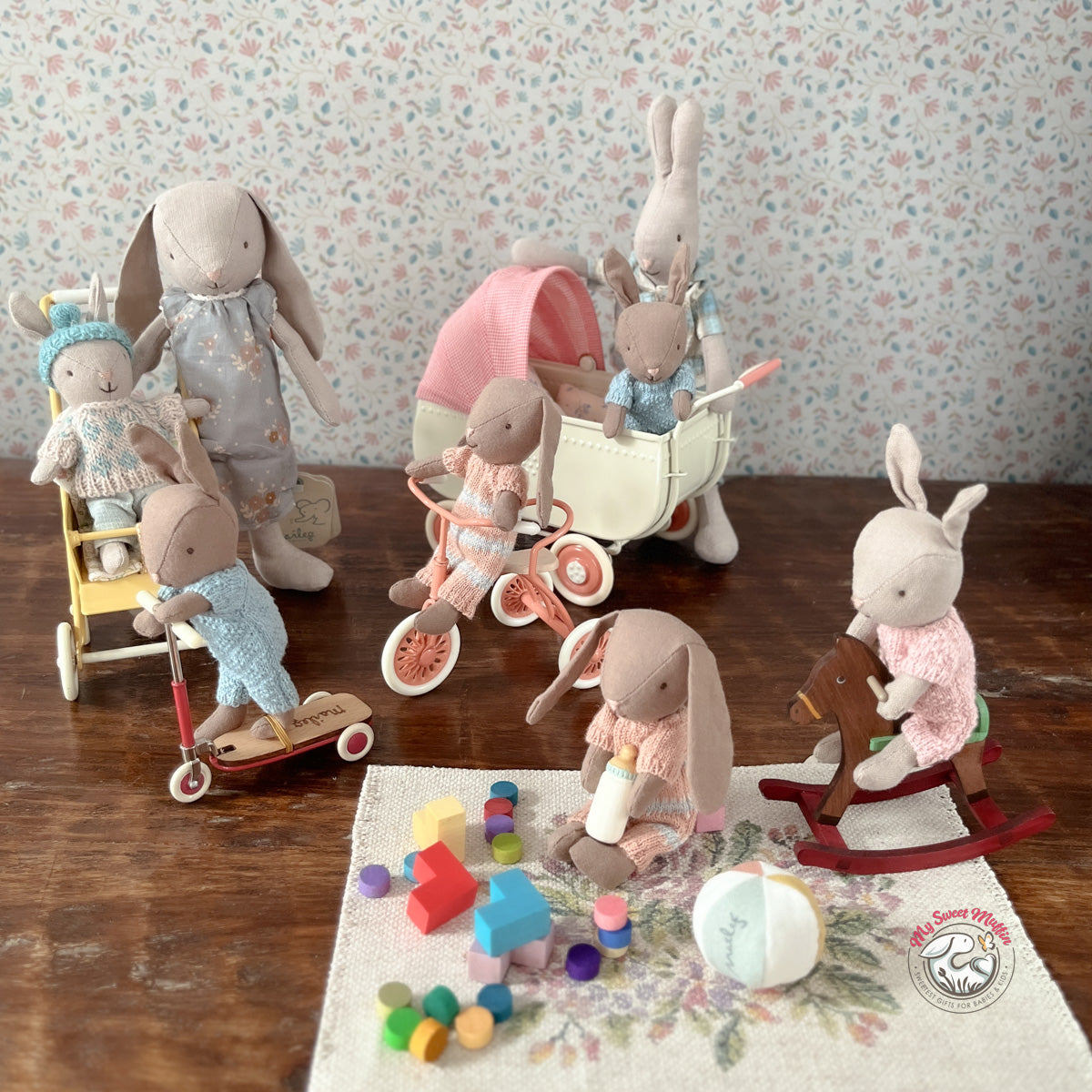 Maileg Micro Rabbit/Bunny Baby Set with Ball and Bottle