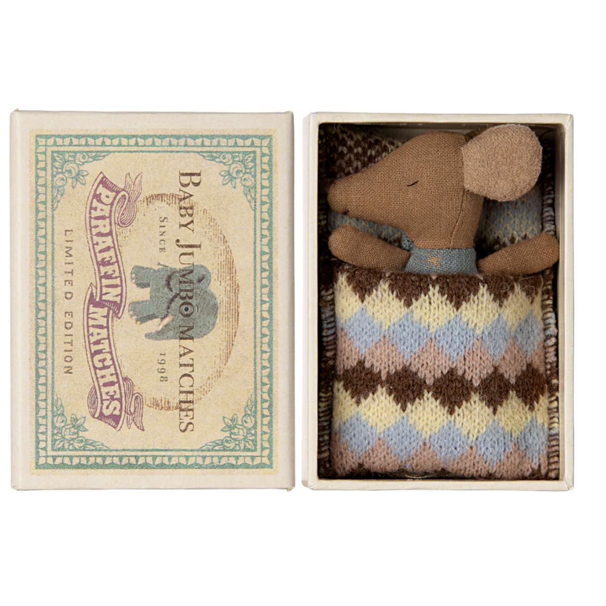 Maileg Sleepy Wakey Baby Mouse in Box, Blue