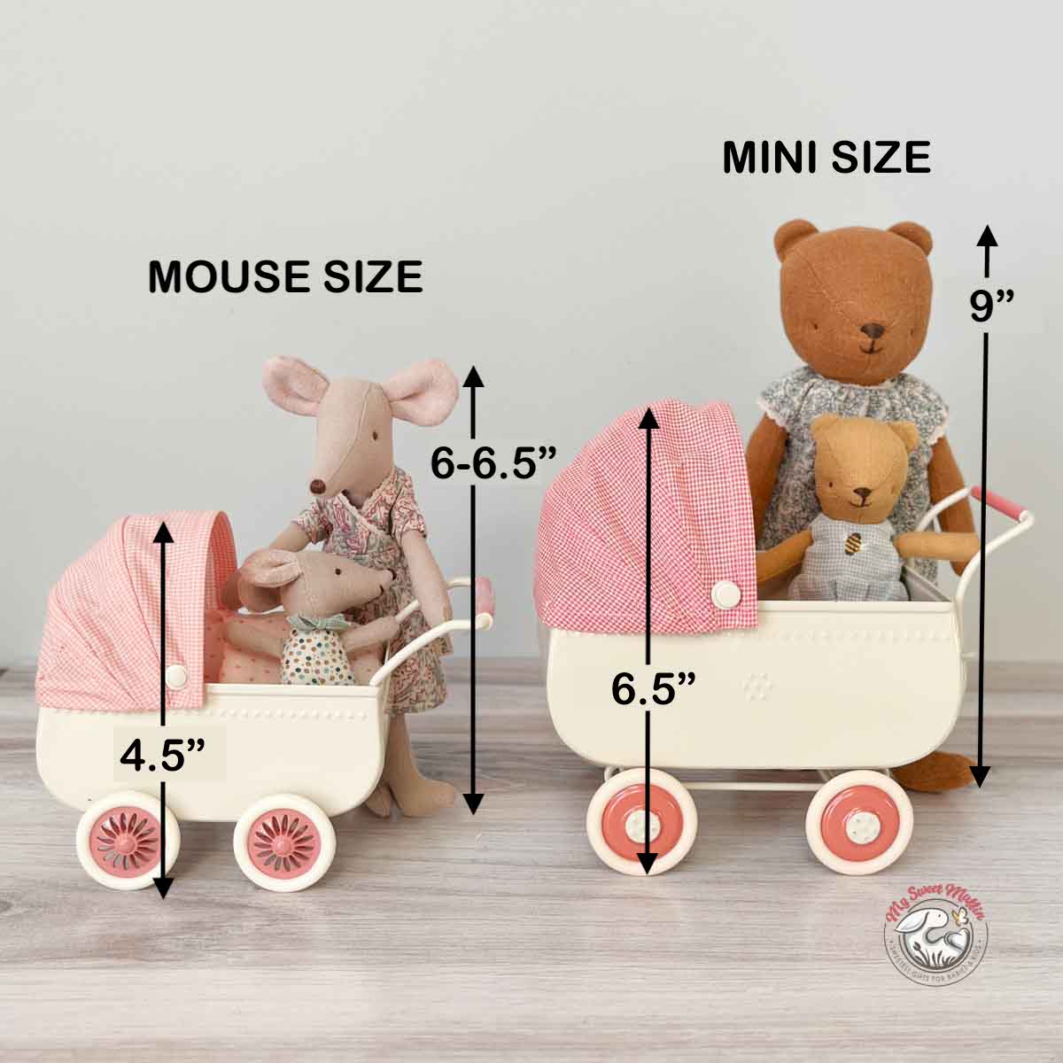 Maileg Mouse size Pram, Coral