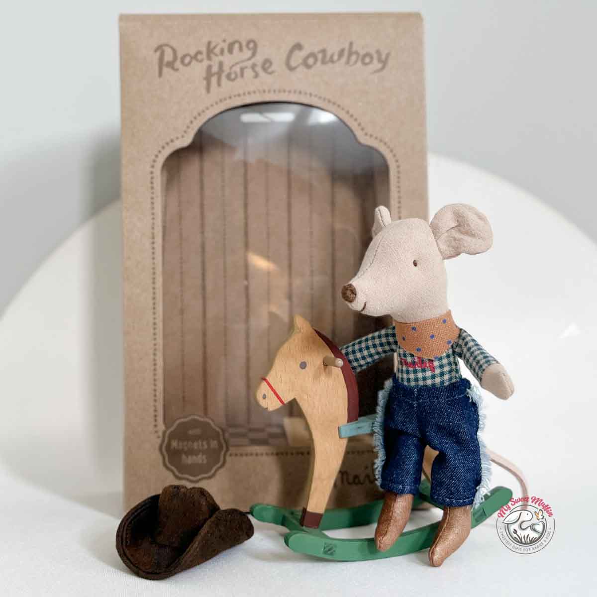 Maileg Cowboy Little Brother Mouse on Rocking Horse