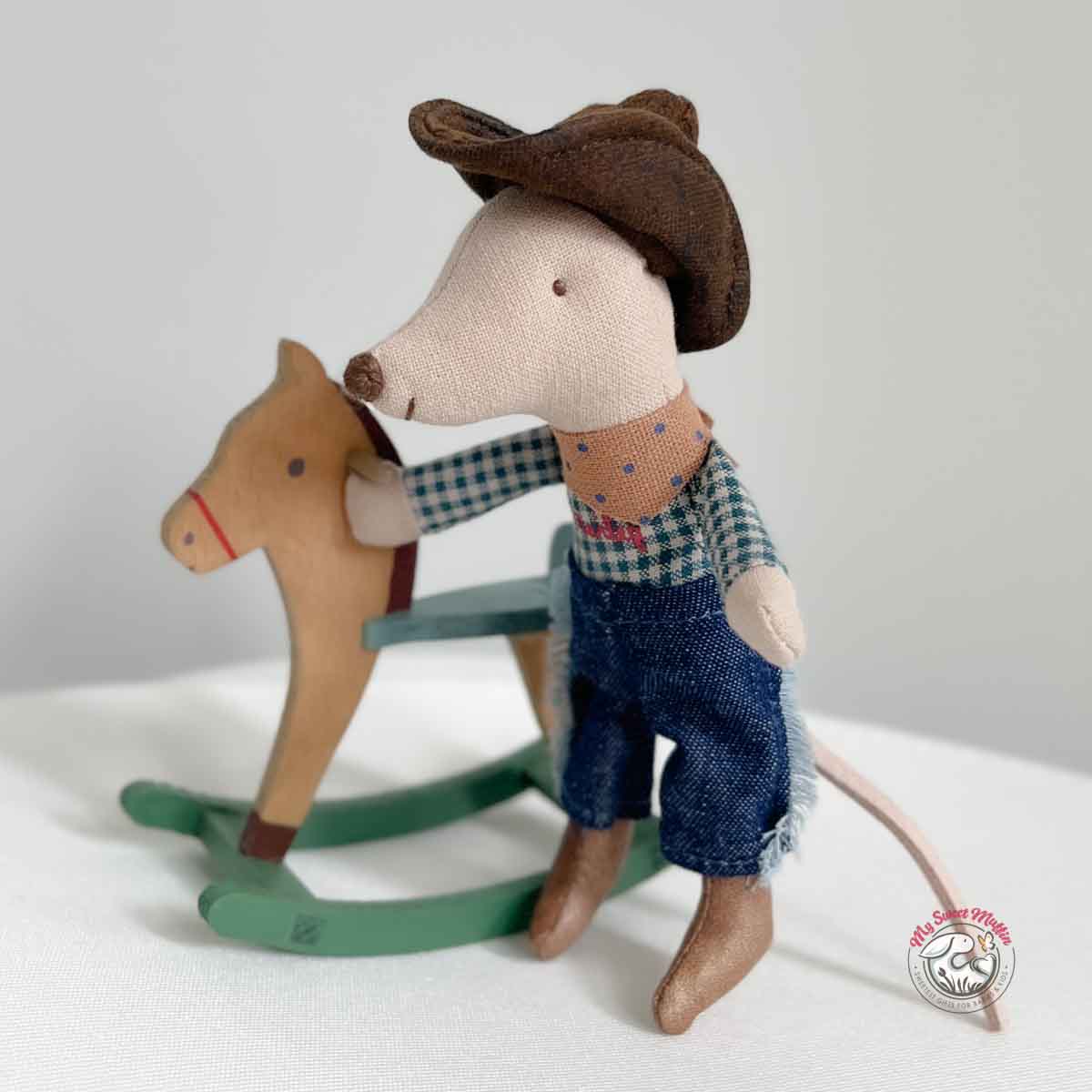 Maileg Cowboy Little Brother Mouse on Rocking Horse