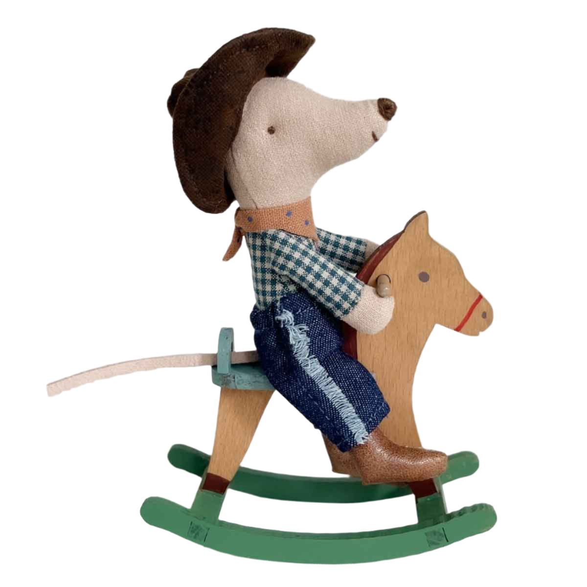 Maileg Cowboy Little Brother Mouse on Rocking Horse
