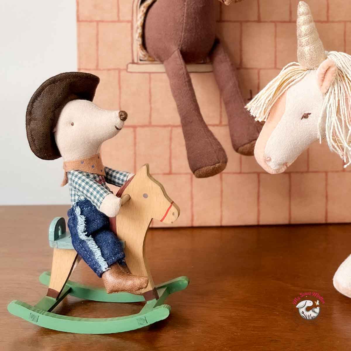 Maileg Cowboy Little Brother Mouse on Rocking Horse