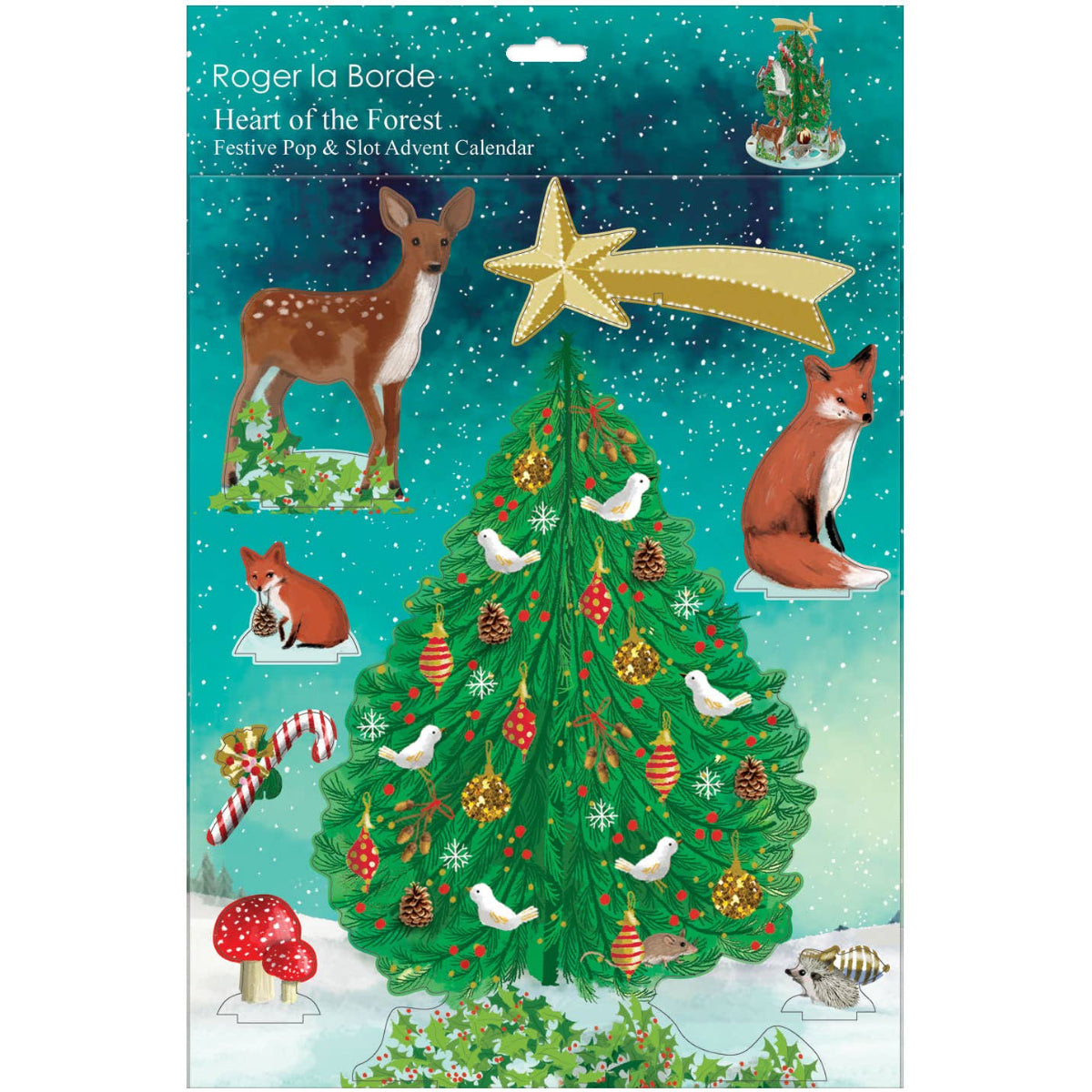 Advent calendar with a Christmas tree and forest animals on a teal background