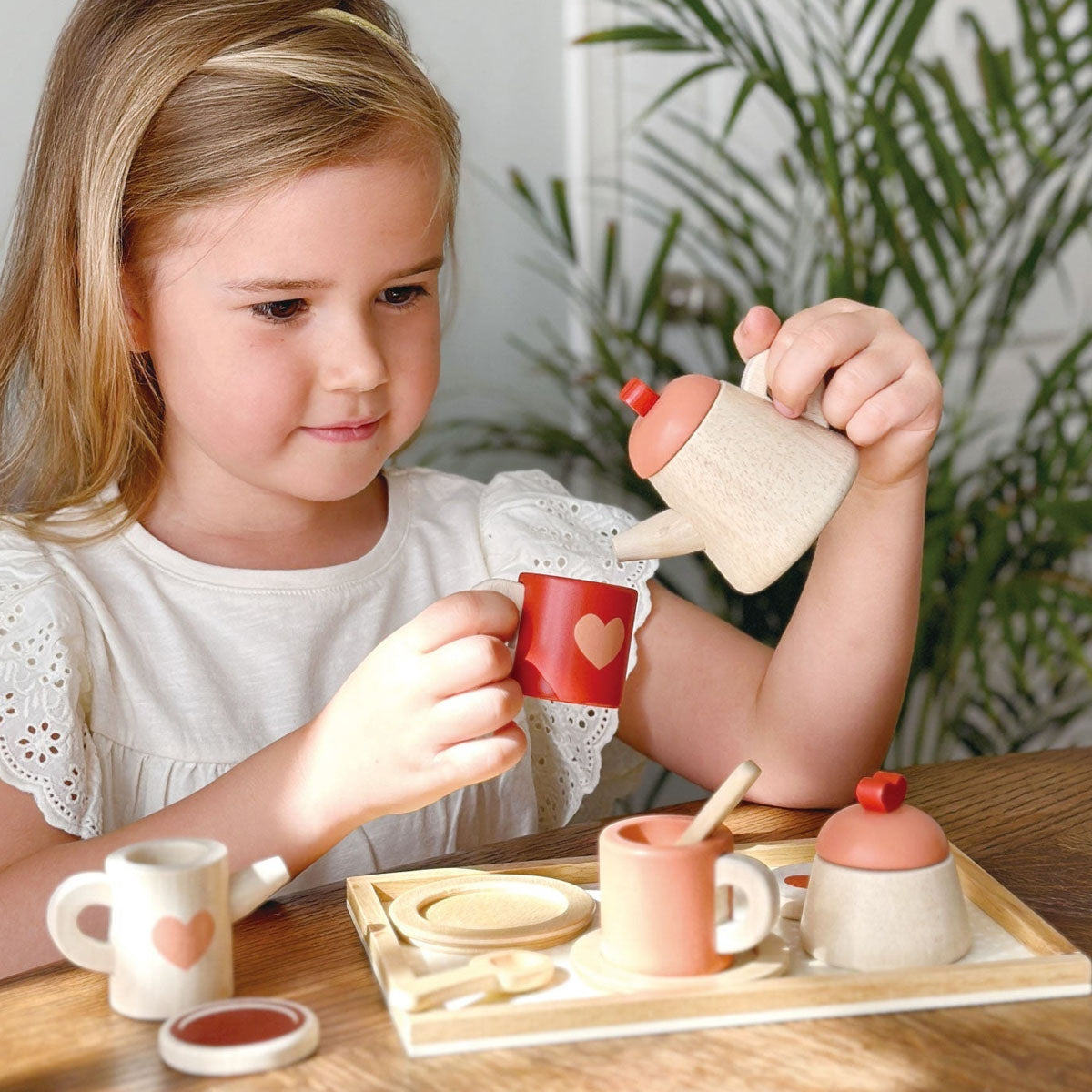 Wooden Tea Time Tray Set, Hearts