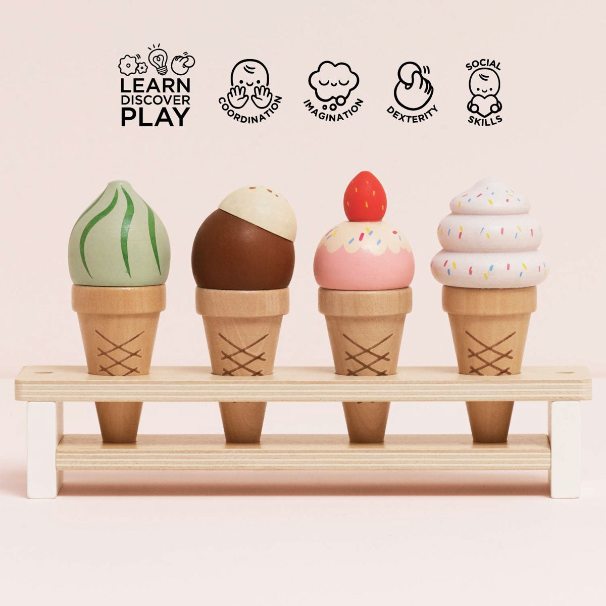 Wooden Ice Cream Cone Set with Display Stand