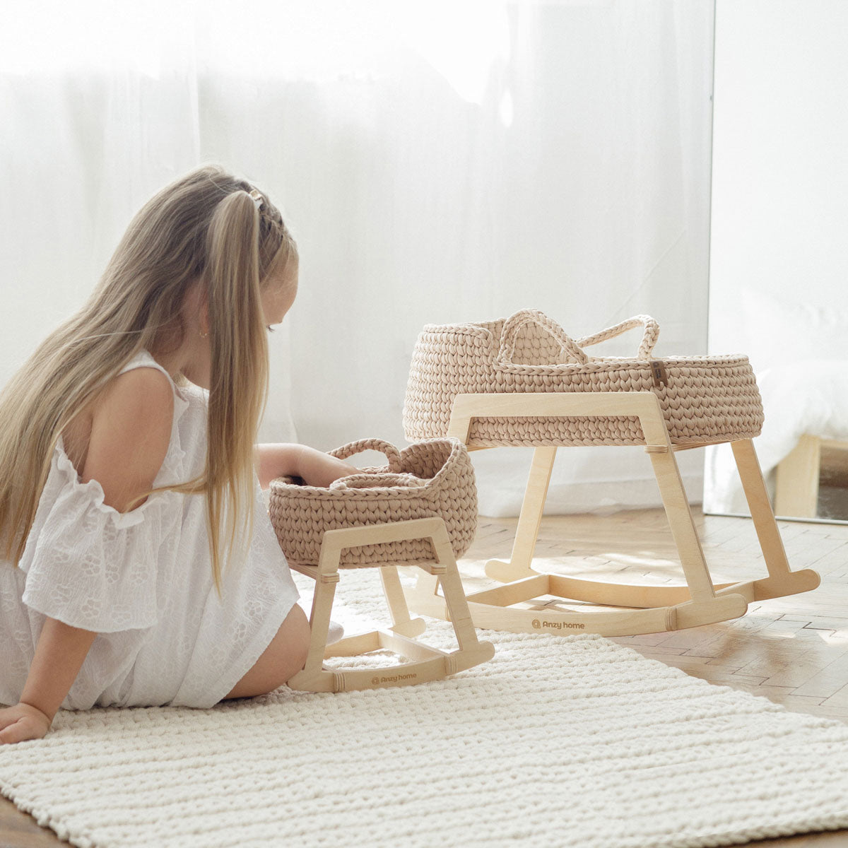 Doll Moses Basket with Rocking Stand, Pearl
