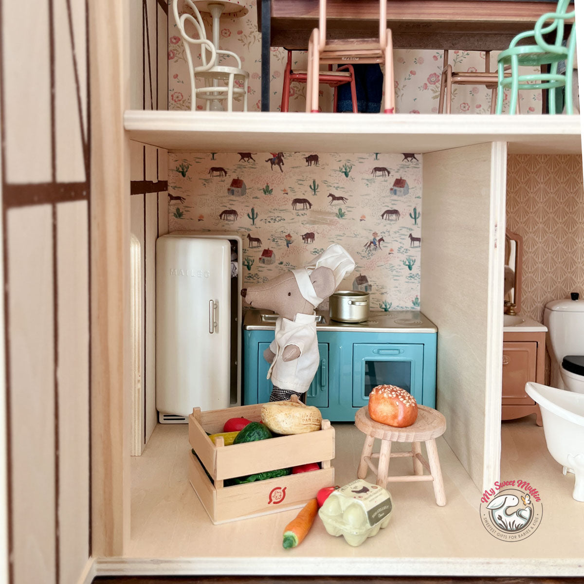Maileg Dollhouse Kitchen, Mouse Size, Blue