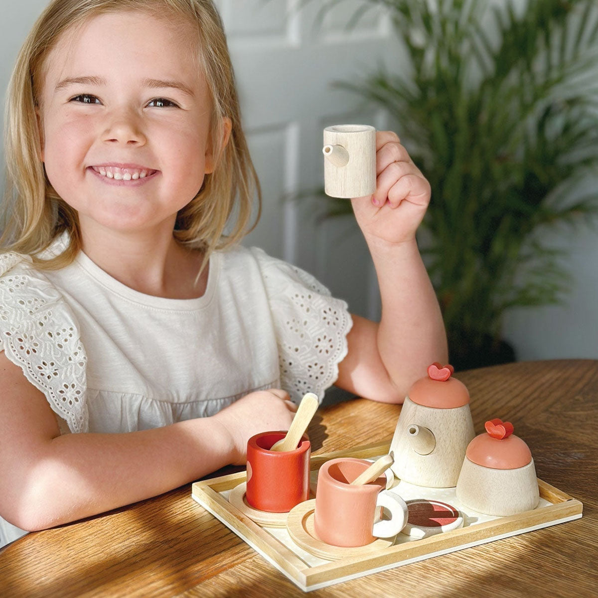 Wooden Tea Time Tray Set, Hearts