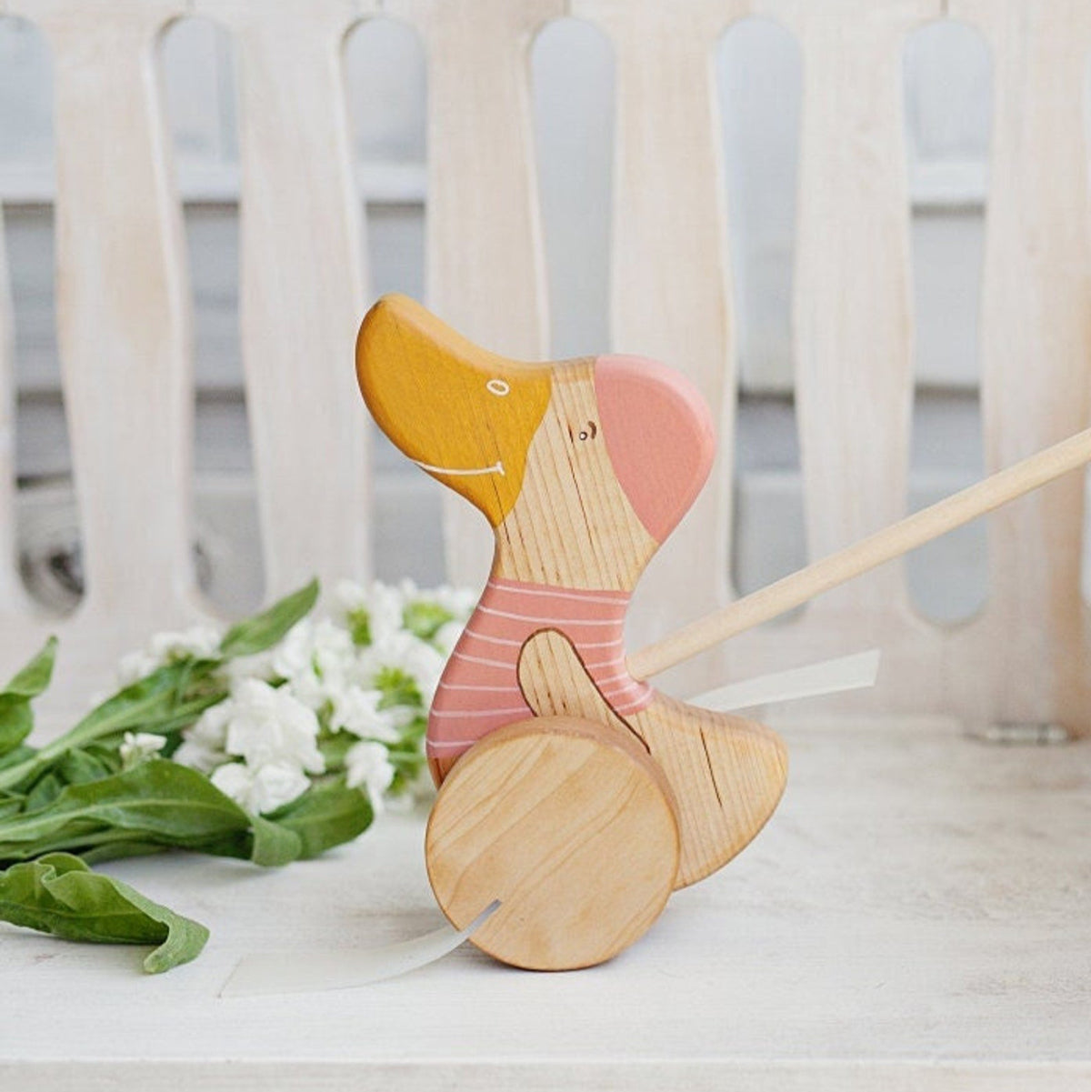 Wooden Push Toy Duck, Pink