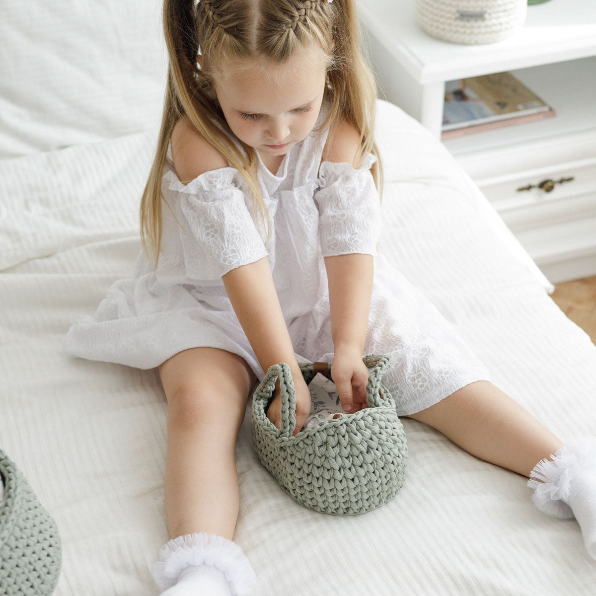 Mini Doll Moses Basket with Rocking Stand, Sage Green