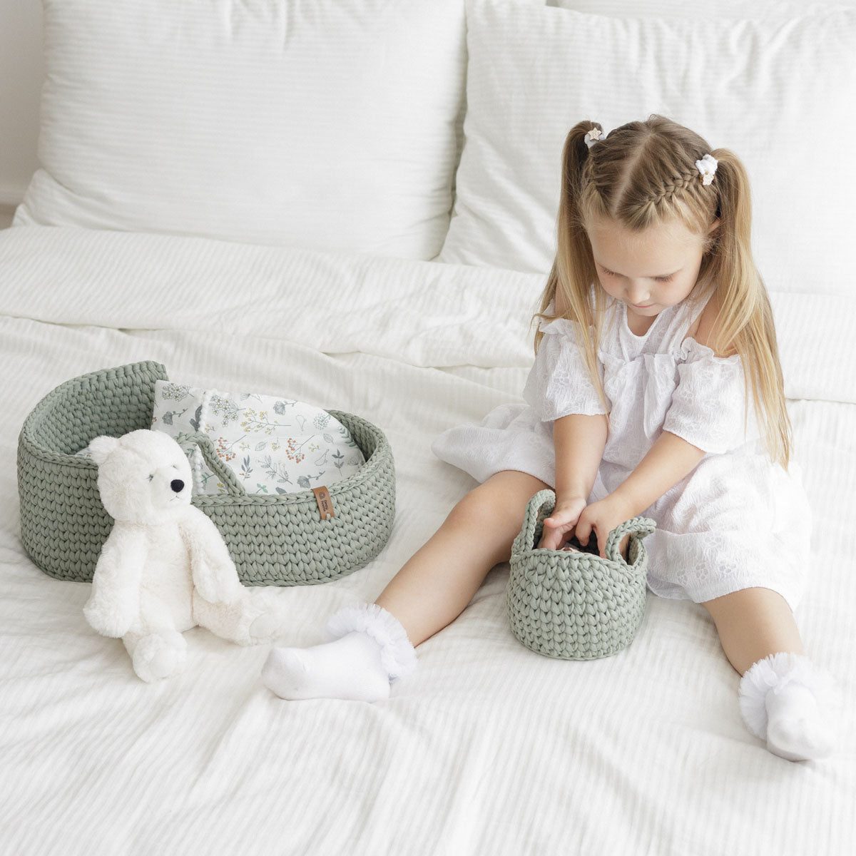 Doll Moses Basket with Rocking Stand, Sage Green