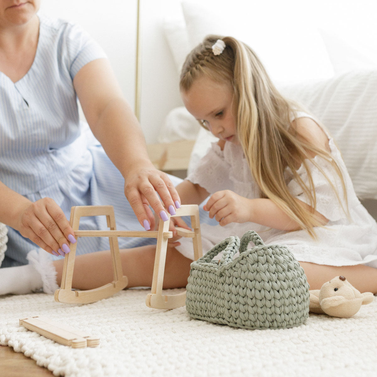 Mini Doll Moses Basket with Rocking Stand, Sage Green
