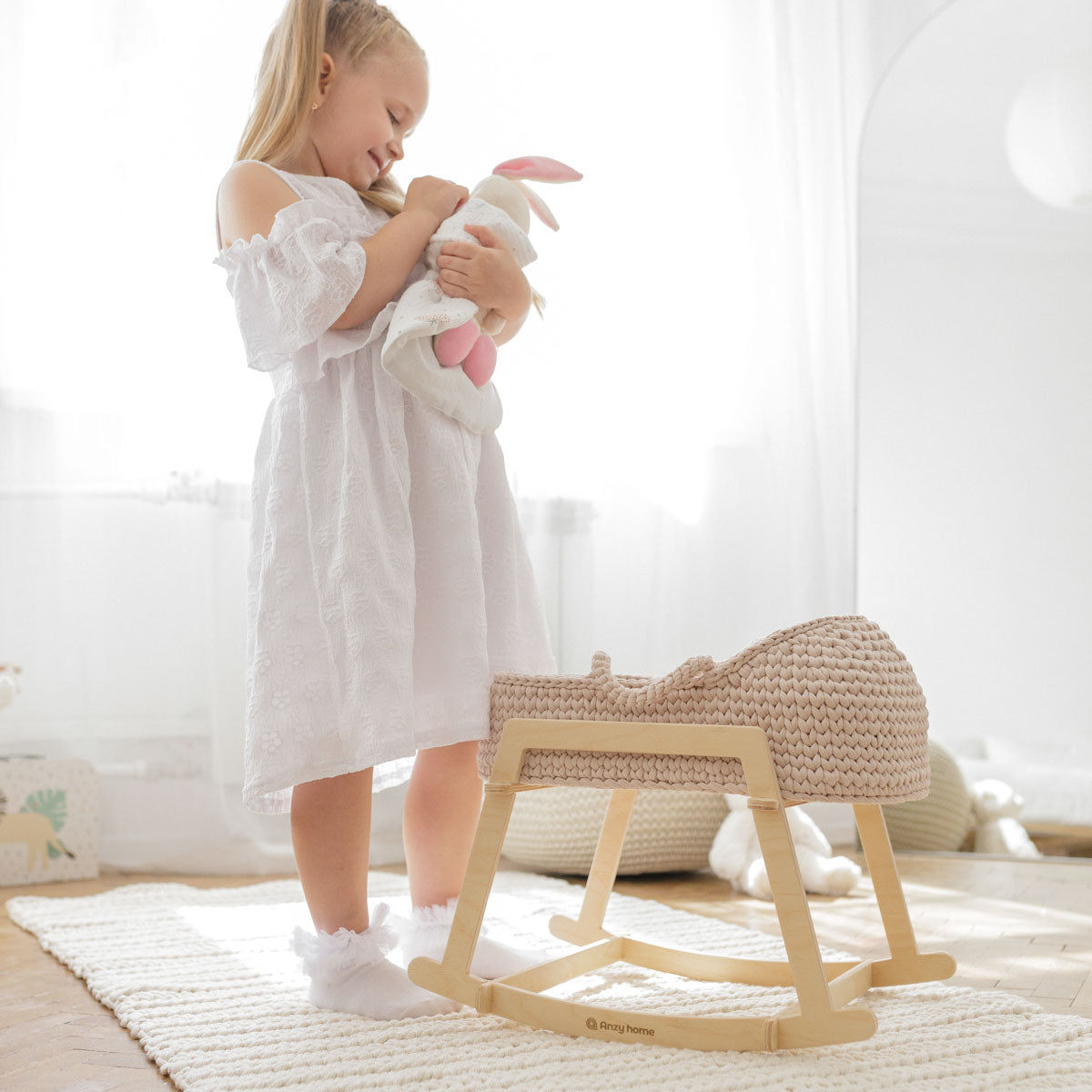 Doll Moses Basket with Rocking Stand, Pearl